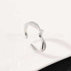 925 Sterling Silver Micro Pave Clear Cubic Zirconia Adjustable Cuff Rings for Women&nbsp;RJEW-G351-04P