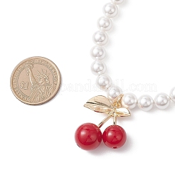 Brass Resin Red Cherry Pendant Round White Shell Pearl Beaded Necklaces&nbsp;NJEW-JN05733