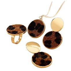 Flat Round Alloy Leopard Print Flocking Pendant Necklace & Stud Dangle Earring & Ring Sets for Women&nbsp;FS-WG76AFD-01