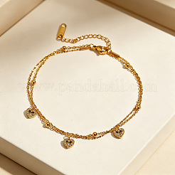 304 Stainless Steel Crystal Rhinestone Triple Heart Charm 2-Strand Anklets for Women&nbsp;WG509DE-01