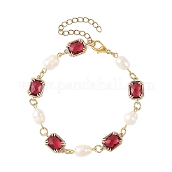 Natural Cultured Freshwater Pearl & Brass Glass Link Chains Bracelets for Women&nbsp;BJEW-JB14214