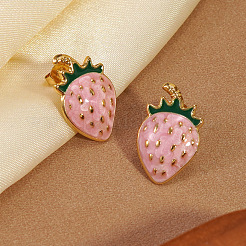 304 Stainless Steel Enamel Strawberry Stud Earrings&nbsp;EJEW-Z147-05G