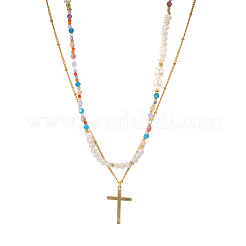 304 Stainless Steel Cross Pendant Paux Pearl & Glass & Natural Mixed Stone Beaded Double Layer Necklaces for Women&nbsp;RM5480
