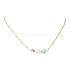 Round Natural Amazonite & Madagascar Rose Quartz & Chip Natural Amethyst Beaded Pendant 304 Stainless Steel Satellite Chain Necklaces for Women&nbsp;NJEW-JN06158-02