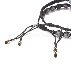 2Pcs 2 Style Natural Snowflake Obsidian & Blue Spot Jasper Braided Bead Bracelets Set with Brass Virgin Mary&nbsp;BJEW-JB07947