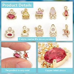 10pcs 5 Styles Marine Organism Theme Brass Micro Pave Cubic Zirconia Charms&nbsp;FIND-FG0004-04