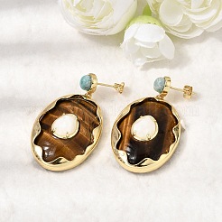 Brass & Natural Tiger Eye Dangle Stud Earrings&nbsp;G-B186-04G
