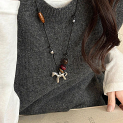 Alloy & Wood Horse Pendant Adjustable Waxed Cord Long Necklaces for Women&nbsp;WGBF527-01