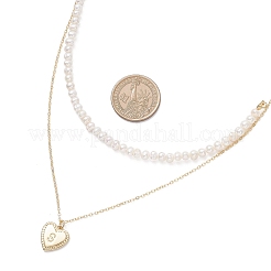 Natural Cultured Freshwater Pearl Potato Beaded Brass Heart with Letter Pendant Double Layer Necklaces&nbsp;NJEW-JN05392-03