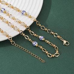 Printed Porcelain Round Blue and White Bead & Brass Oval Link Chain Necklaces for Women&nbsp;NJEW-JN05588