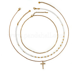 304 Stainless Steel Religion Cross Pendant Glass Seed Beaded 3 Layer Necklaces for Women&nbsp;WI3210