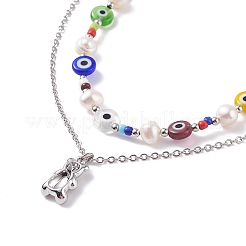 2Pcs 2 Style Natural Pearl & Evil Eye Beaded Necklaces with Bear Pendant for Women&nbsp;NJEW-TA00019