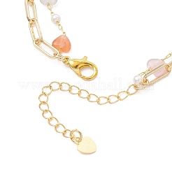 Brass Paperclip Chain & Cat Eye Heart & Plastic Pearl Beaded Chain Double Layers Bracelets for Women&nbsp;BJEW-JB13567