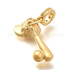Brass Clear Cubic Zirconia Baseball Bat & Hat European Dangle Charms&nbsp;KK-U048-12G
