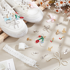 28Pcs 14 Styles Bowknot & Cherry Plastic Imitation Pearl & Glass & Polyester Shoe Charms&nbsp;HJEW-NB00233