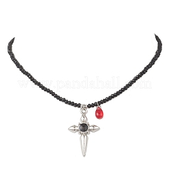 Alloy Enamel Gothic Cross and Red Teardrop Pendant Faceted Rondelle Glass Beaded Necklaces&nbsp;NJEW-JN05827