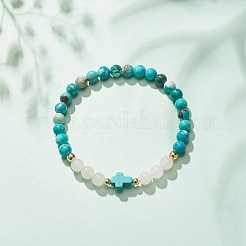 Synthetic Turquoise(Dyed) & Hematite & Natural White Jade Beaded Stretch Bracelet with Cross&nbsp;BJEW-JB08287-03