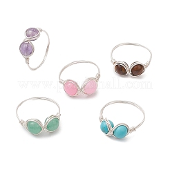5Pcs Natural Tiger Eye & Dyed Yellow Jade & Amethyst & Green Aventurine & Synthetic Turquoise Infinity Finger Rings for Women&nbsp;RJEW-JR00832-01
