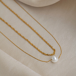 304 Stainless Steel Double Layer Necklaces with White Round Faux Pearl Pendants for Women&nbsp;KQ2558