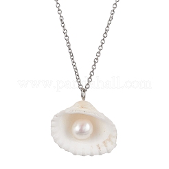 Natural Clam Shell & Imitation Pearl Pendant Necklaces&nbsp;NJEW-JN05006