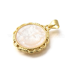 Brass Pave Natural White Shell Carved Cat Pendants&nbsp;KK-Z091-08G-03