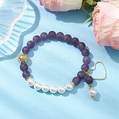 8mm Round Frosted Natural Amethyst & Shell Pearl Beaded Stretch Bracelets&nbsp;BJEW-JB10429