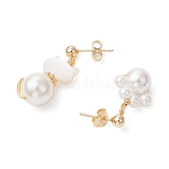 Cat Shape & Paw Print Brass Natural White Shell Dangle Stud Earrings&nbsp;EJEW-TA00644