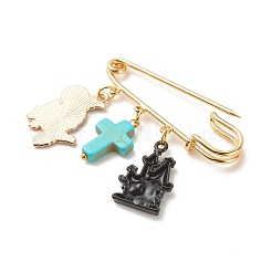Halloween Castle & Crow Alloy Enamel Charm Safety Pin with Synthetic Turquoise Cross&nbsp;JEWB-BR00069-04