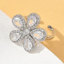 Flower Brass Micro Pave Cubic Zirconia Cuff Rings for Women&nbsp;RJEW-A069-14P-03