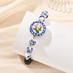 2Pcs 2 Colors Handmade Printed Porcelain Floral Flat Round & Round Natural Lava Rock Beaded Stretch Bracelet Sets&nbsp;BJEW-JB14186