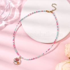 Flower Alloy Enamel Pendant Glass Seed Beaded Necklaces for Women&nbsp;NJEW-JN05550-02