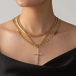 Fashionable 201 Stainless Steel & Brass 3 layer Clear Cubic Zirconia Cross Pendant Necklaces for Women&nbsp;KA2927