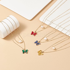 4Pcs 4 Color Glass Butterfly & Natural Pearl Pendants Double Layer Necklaces Set with Clear Cubic Zirconia&nbsp;NJEW-TA00043