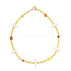 Natural Baroque Keshi Pearl Stick & Natural Amber Round Rhombus Beaded Necklaces with OT Clasps for Women&nbsp;NJEW-JN06088