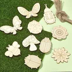 60Pcs 10 Style Spring theme Butterfly/Ladybird/Flower Unfinished Wood Pieces&nbsp;DIY-CJC0012-01