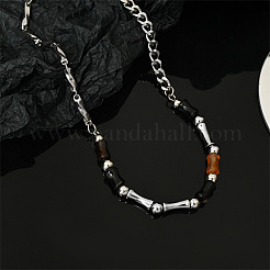 Natural Agate Bamboo Shaped Beaded Stainless Steel Chain Necklaces for Men&nbsp;FS-WGC7B96-01