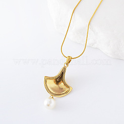 3Pcs French Stainless Steel & Round White Shell Pearl Fan Pendant Necklaces for Women&nbsp;DZ3657
