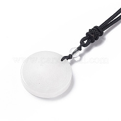Natural Quartz Crystal Flat Round with Flower of Life Pendant Necklace with Nylon Cord for Women&nbsp;NJEW-P274-02-07
