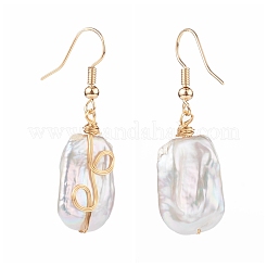 Wire Wrapped Natural Baroque Pearl Keshi Pearl Dangle Earrings&nbsp;EJEW-JE04506-01