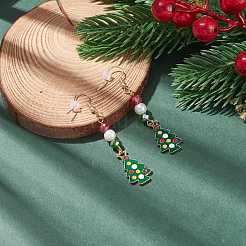 Enamel Christmas Tree with Glass Pearl Dangle Earrings&nbsp;EJEW-JE04961-04