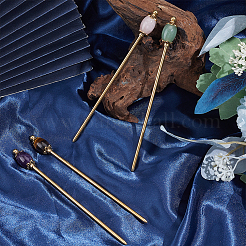 4Pcs Natural Tiger Eye & Natural Green Aventurine & Natural Amethyst & Natural Rose Quartz & Brass Hair Sticks&nbsp;OHAR-ME00002