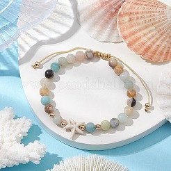 Natural Flower Amazonite Round Beaded Braided Bead Bracelets&nbsp;BJEW-JB10692-01