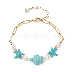 Synthetic Turquoise & Shell Pearl Beaded Link Bracelets&nbsp;BJEW-JB13807-01