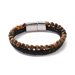 Natural Mixed Gemstone Beaded & Microfiber Leather Cord Double Layer Multi-strand Bracelet&nbsp;BJEW-G658-04P