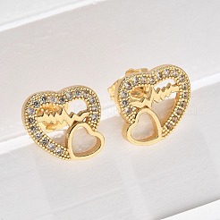 Valentine's Day Heart Brass Micro Pave Clear Cubic Zirconia Stud Earrings&nbsp;EJEW-D305-22G-02