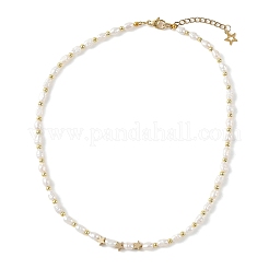 Natural Cultured Freshwater Pearl Two Sides Polished & Brass Star Beaded Necklaces for Women&nbsp;NJEW-JN06356