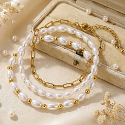 3Pcs 3 Styles Rice & Round Imitation Pearl & Brass Beads Stretch & 304 Stainless Steel Paperclip Chain Bracelets Set for Women&nbsp;GM5907