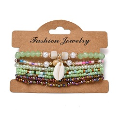 Bohemian Resin & Alloy & Glass Beads & Shell & Plastic Pearls Beaded Stretch Bracelets&nbsp;BJEW-Z169-01D