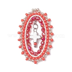 3Pcs Glass Seed Beaded Oval with Cross Pendants&nbsp;PALLOY-MZ01000