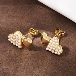 Brass ABS Plastic Pearl Heart Stud Earrings&nbsp;EJEW-L275-14G-02